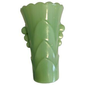 Vintage Jadeite Glass Vase Scalloped Leaf Motif Kitchen Decor Whimsical Retro
